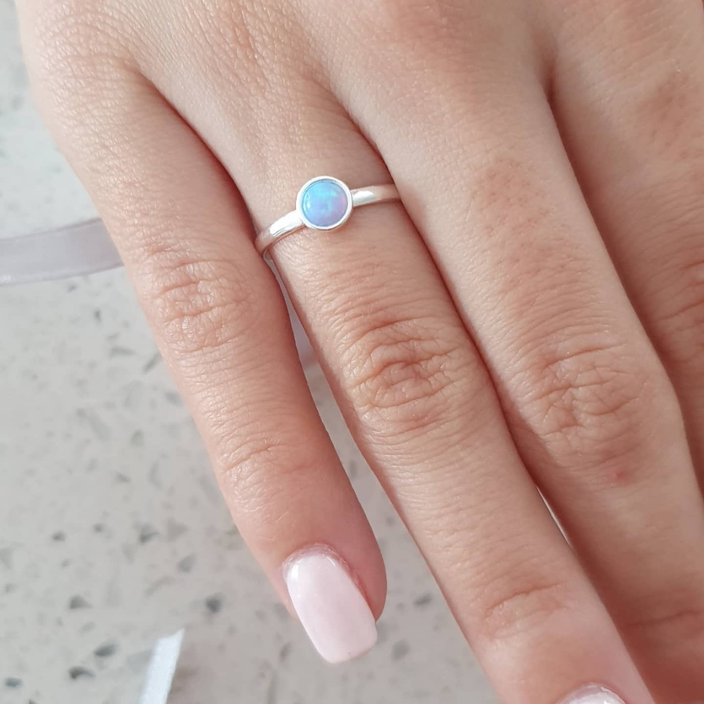Sterling silver blue aure synthetic opal ring for women and teens