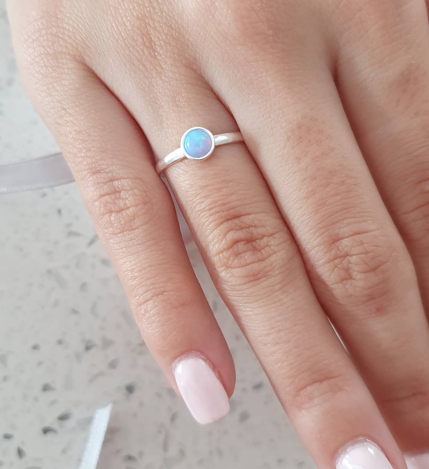 Sterling silver blue aure synthetic opal ring for women and teens